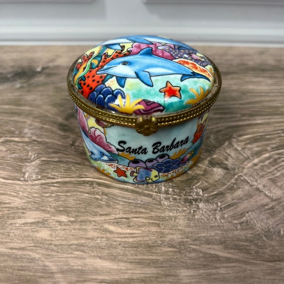 Nothing Matches Other - Santa Barbara Dolphin Trinket Box Small Multicolor Porcelain Coastal Souvenir 2"